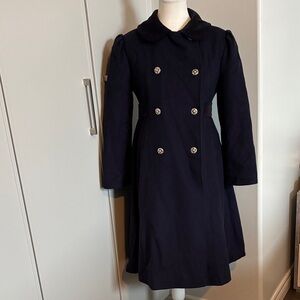 Elegant Navy Blue with Black velvet Trim Double-Breasted Rothschild Pea Coat